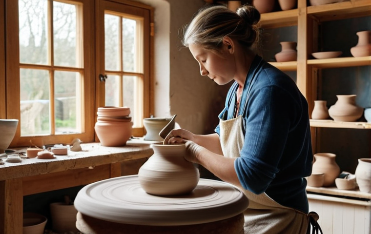 **Ceramic Workshop Scene**: An artist in a ceramics workshop, surrounded by various types of clay and tools. The artist is shaping a piece of stoneware pottery on a spinning wheel, with vibrant glazes in the background and natural light streaming through the windows.