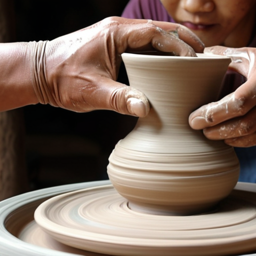 **A potter's hands shaping clay on a spinning wheel, showcasing the classic pottery technique. Focus on the motion and skill involved, capturing the essence of Malaysian pottery.**