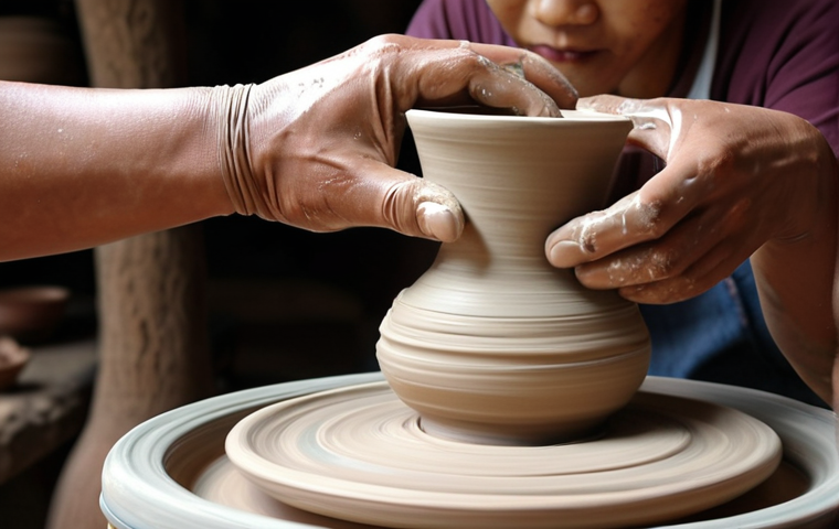 **A potter's hands shaping clay on a spinning wheel, showcasing the classic pottery technique. Focus on the motion and skill involved, capturing the essence of Malaysian pottery.**