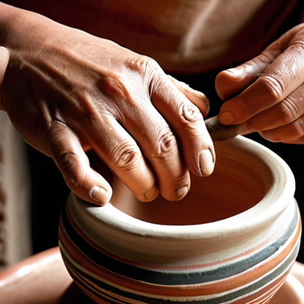**Prompt:** A close-up shot of a Malaysian ceramic artist's hands on a pottery wheel, gently shaping a piece of clay into an elegant vase. The artist's face is serene and focused, reflecting deep satisfaction and the therapeutic nature of the craft. Soft, warm natural light illuminates the studio, highlighting the tactile connection between the artist and the evolving artwork. Emphasize intricate detail on the hands and the clay, with a slightly blurred background of other pottery tools and finished ceramic pieces.