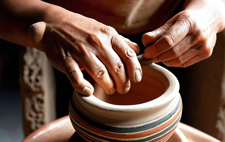 **Prompt:** A close-up shot of a Malaysian ceramic artist's hands on a pottery wheel, gently shaping a piece of clay into an elegant vase. The artist's face is serene and focused, reflecting deep satisfaction and the therapeutic nature of the craft. Soft, warm natural light illuminates the studio, highlighting the tactile connection between the artist and the evolving artwork. Emphasize intricate detail on the hands and the clay, with a slightly blurred background of other pottery tools and finished ceramic pieces.