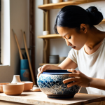 A contemporary Malaysian ceramic artist, a woman in her 30s, intently shaping a uniquely designed ceramic bowl on a pottery wheel in a sun-drenched studio. Beside her, a modern smartphone or tablet displays a vibrant Instagram/TikTok feed showcasing her exquisite finished works, subtly integrated with a global market map. The scene perfectly blends traditional craftsmanship with digital marketing, highlighting the global appeal of handmade, slow-living ceramic art. Warm, natural lighting, organic textures, and a sense of artistic focus. DSLR photo, high detail.