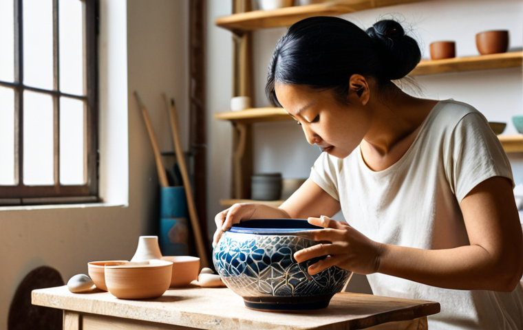 A contemporary Malaysian ceramic artist, a woman in her 30s, intently shaping a uniquely designed ceramic bowl on a pottery wheel in a sun-drenched studio. Beside her, a modern smartphone or tablet displays a vibrant Instagram/TikTok feed showcasing her exquisite finished works, subtly integrated with a global market map. The scene perfectly blends traditional craftsmanship with digital marketing, highlighting the global appeal of handmade, slow-living ceramic art. Warm, natural lighting, organic textures, and a sense of artistic focus. DSLR photo, high detail.
