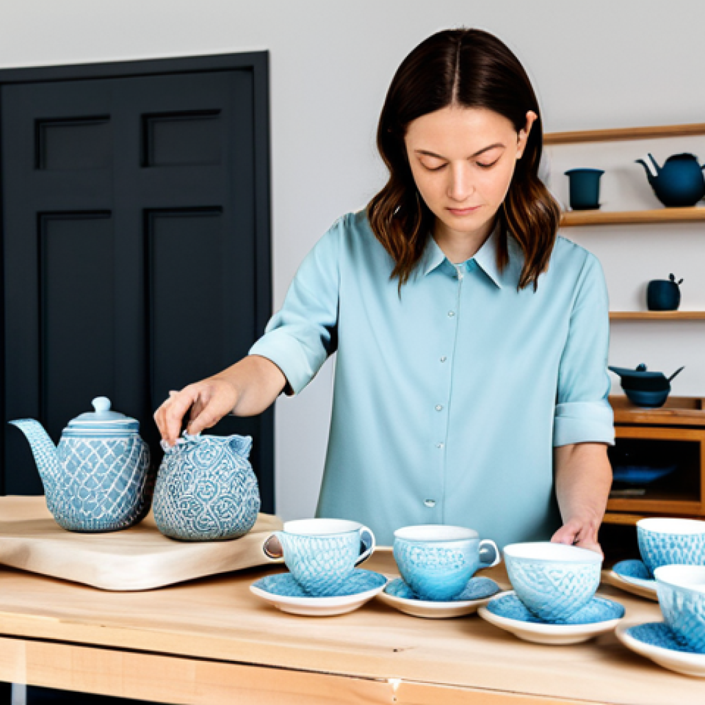 A professional ceramic artist, fully clothed in modest, modern studio attire, intently examining a complex 3D-printed ceramic mold on a contemporary workbench. Beside them, a collection of beautifully crafted, unique ceramic teacups and a teapot with precise, intricate geometric patterns is elegantly displayed. The studio is bright, clean, and minimalist, featuring digital design tools on a screen in the background, emphasizing innovation and precision in contemporary ceramic art. This image conveys a professional, high-quality, and family-friendly atmosphere.
    *   **Safety Modifiers**: safe for work, appropriate content, fully clothed, professional dress, modest clothing, perfect anatomy, correct proportions, natural pose, well-formed hands, proper finger count, natural body proportions, professional photography, high quality.