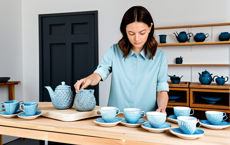 A professional ceramic artist, fully clothed in modest, modern studio attire, intently examining a complex 3D-printed ceramic mold on a contemporary workbench. Beside them, a collection of beautifully crafted, unique ceramic teacups and a teapot with precise, intricate geometric patterns is elegantly displayed. The studio is bright, clean, and minimalist, featuring digital design tools on a screen in the background, emphasizing innovation and precision in contemporary ceramic art. This image conveys a professional, high-quality, and family-friendly atmosphere.
    *   **Safety Modifiers**: safe for work, appropriate content, fully clothed, professional dress, modest clothing, perfect anatomy, correct proportions, natural pose, well-formed hands, proper finger count, natural body proportions, professional photography, high quality.